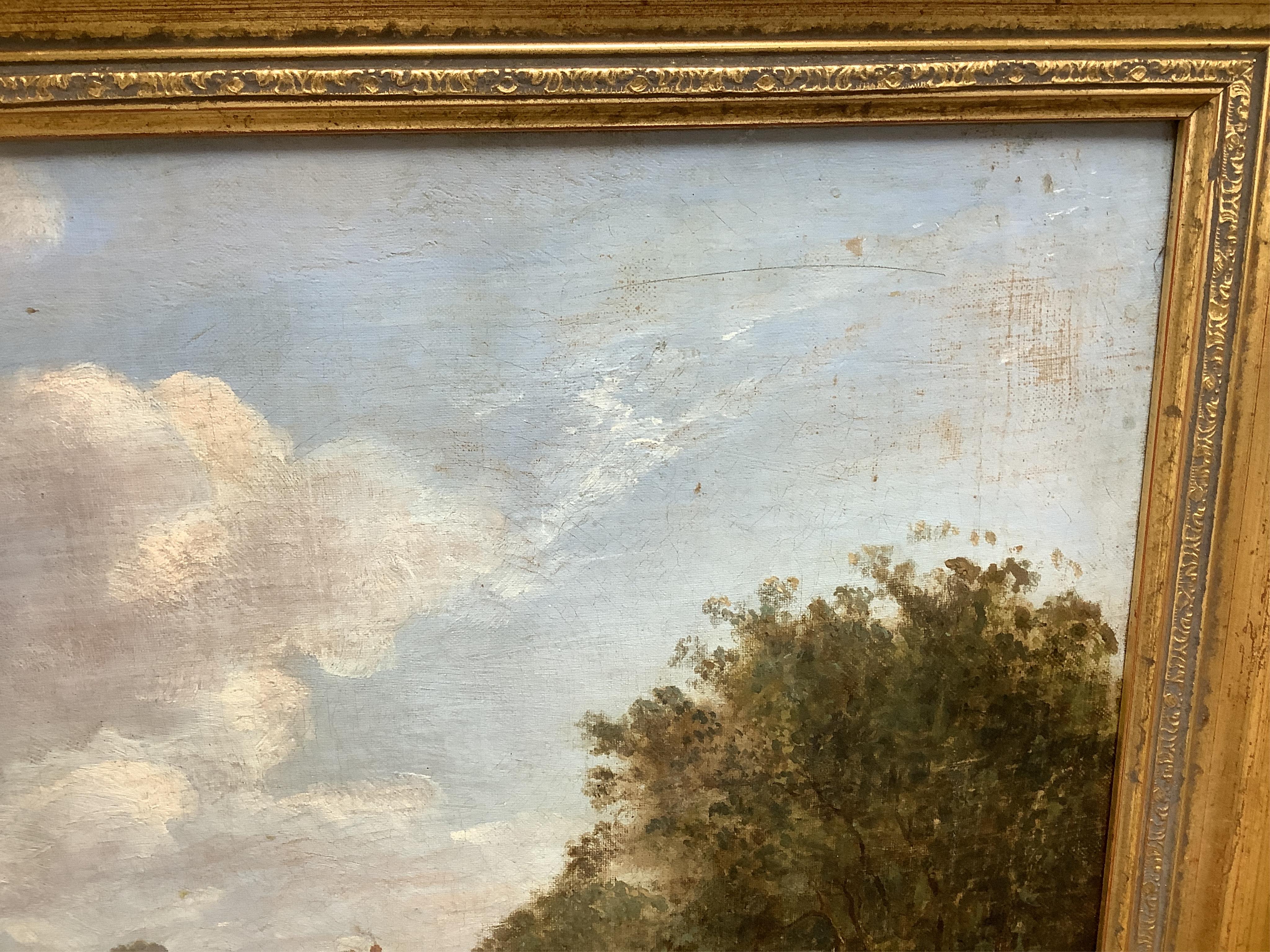 19th century, English School, Riverscape with children fishing, unsigned, oil on canvas, 48 x 64cm, gilt frame